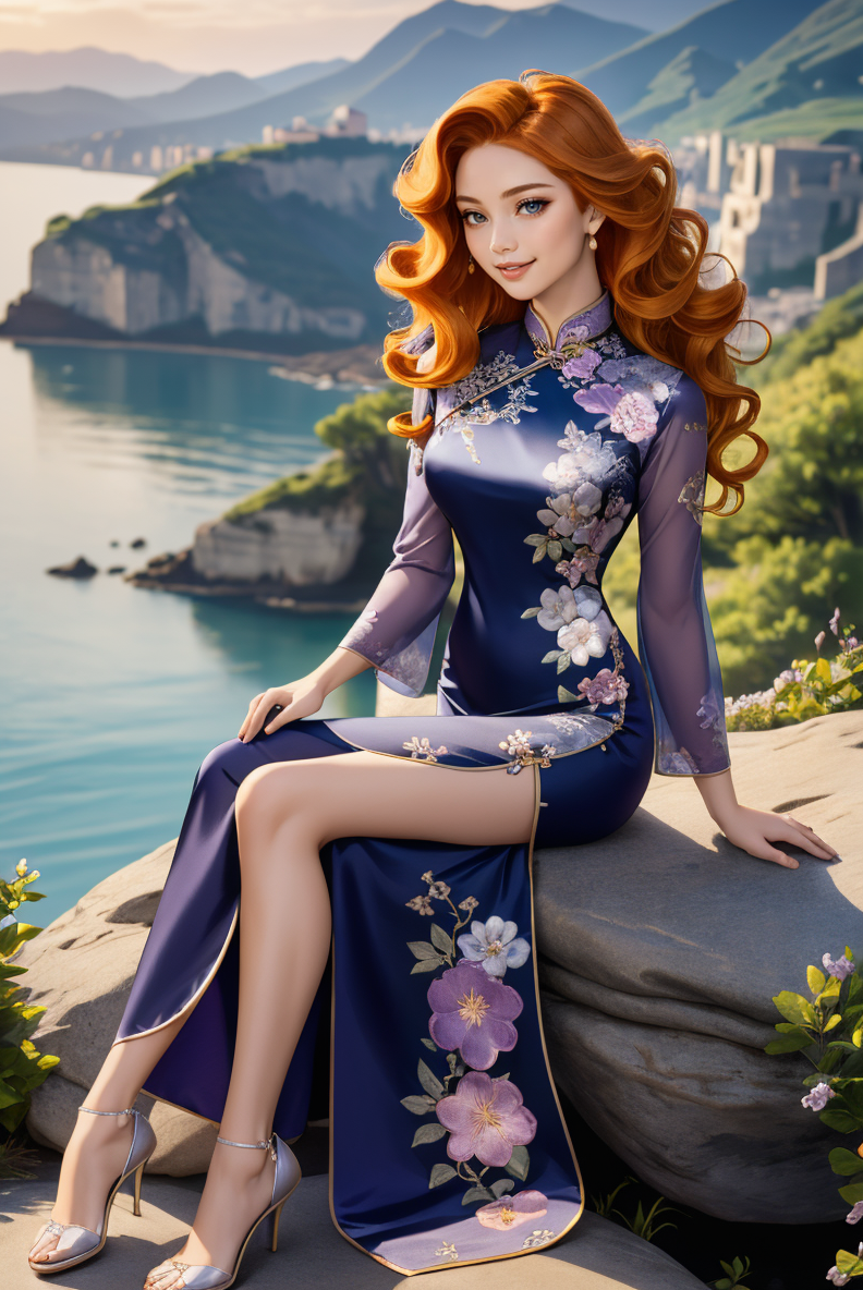 00135-full body, (ginger wavy hair_1.3), woman,  smile, ch30ngs4m_1, long silk cheongsam, silver and pale lavender embroidered flowers.png